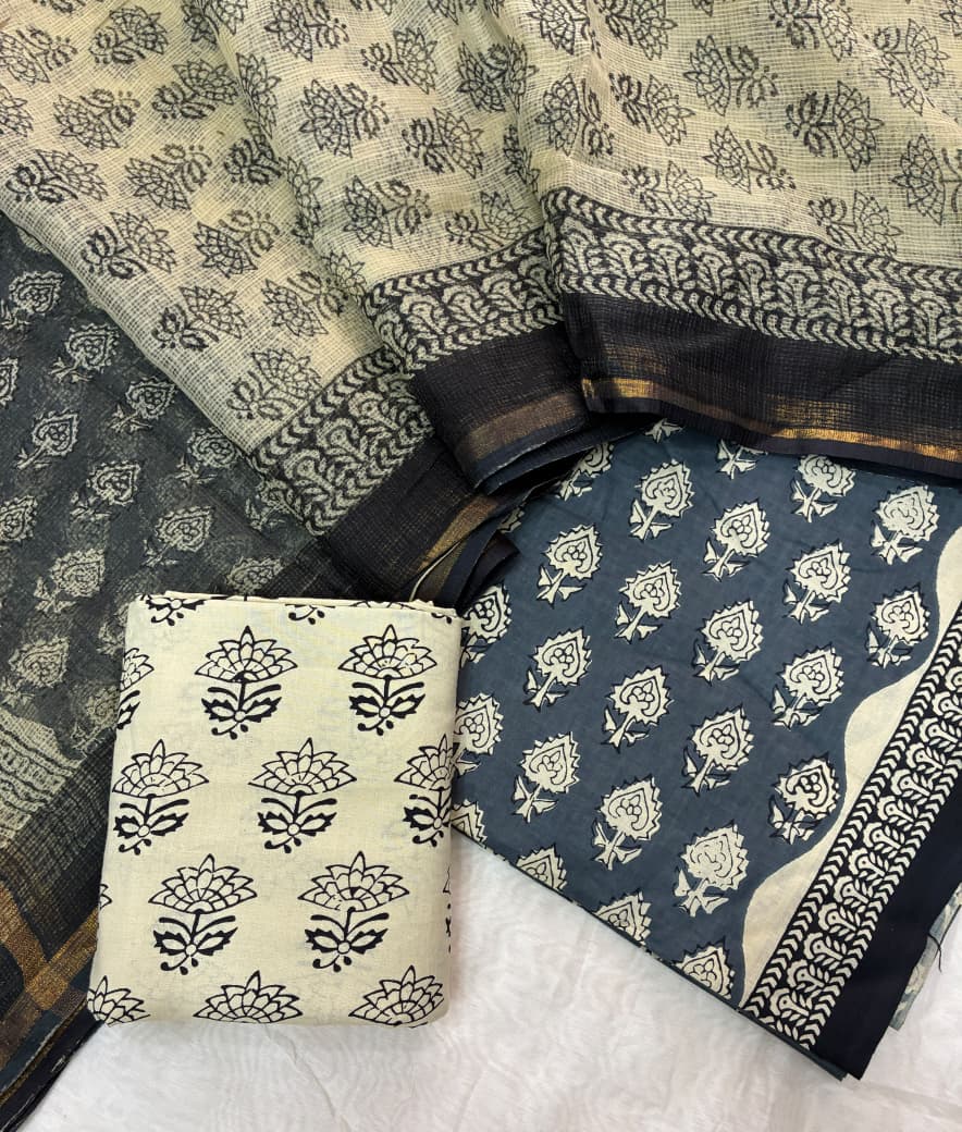 Pure Cotton Hand block print Unstitched Suit with Kota Dupatta .