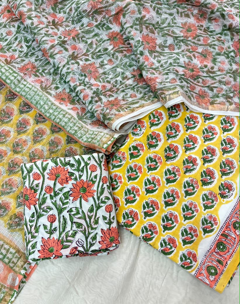 Pure Cotton Hand block print Unstitched Suit with Kota Dupatta .