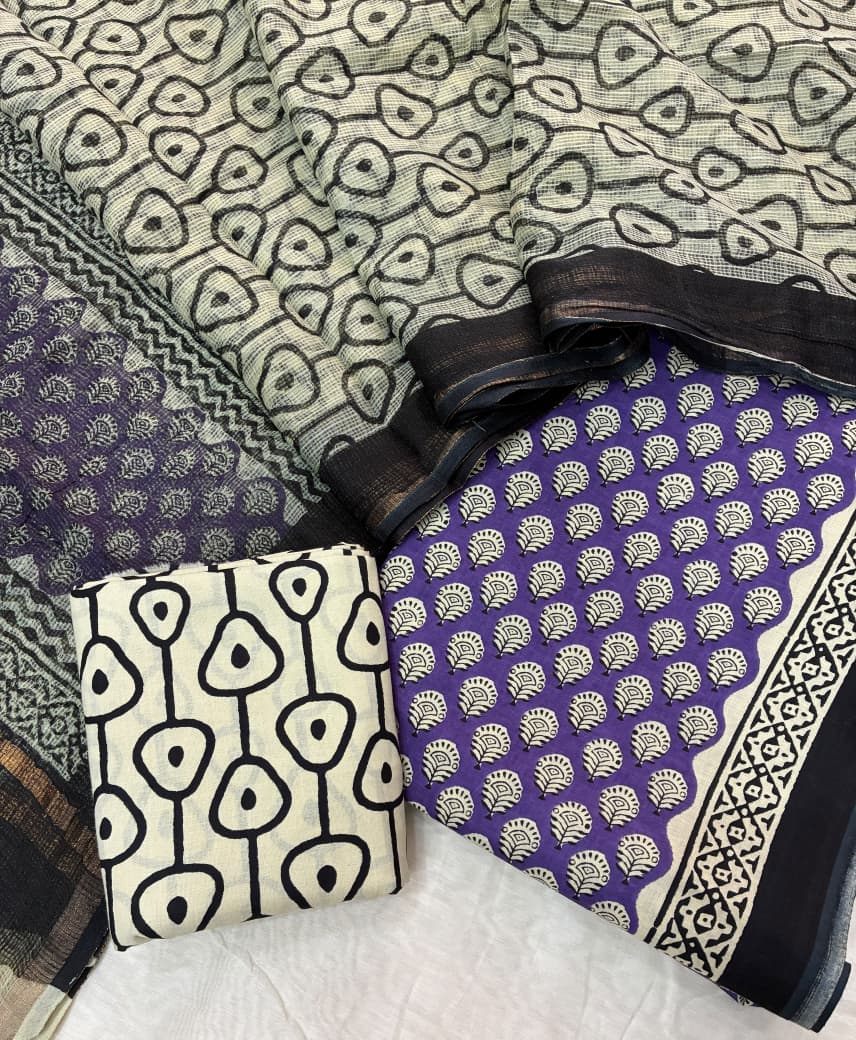 Pure Cotton Hand block print Unstitched Suit with Kota Dupatta .