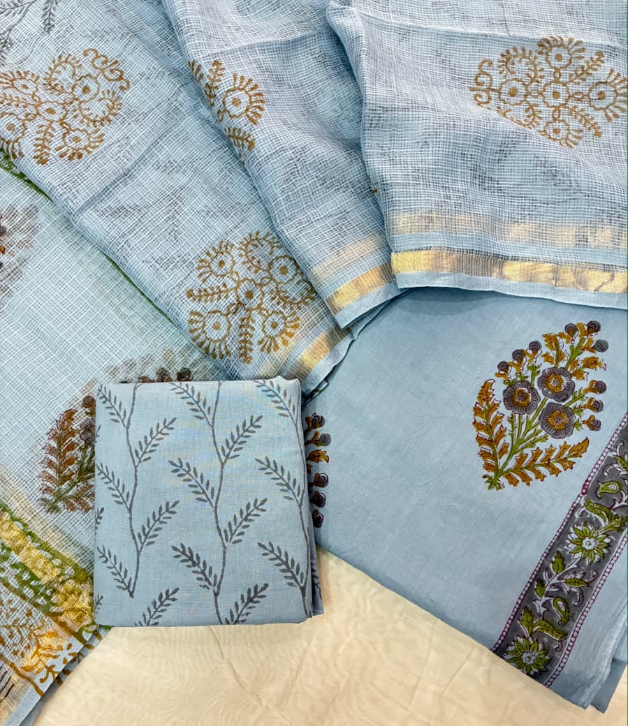 Pure Cotton Hand block print Unstitched Suit with Kota Dupatta .