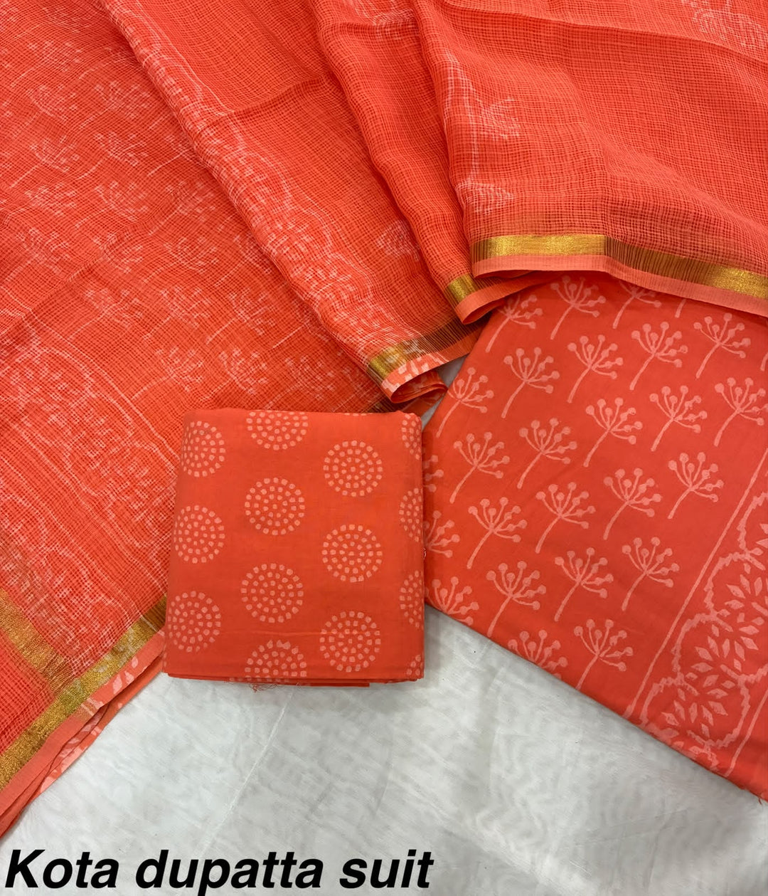 Pure Cotton Hand block print Unstitched Suit with Kota Dupatta .