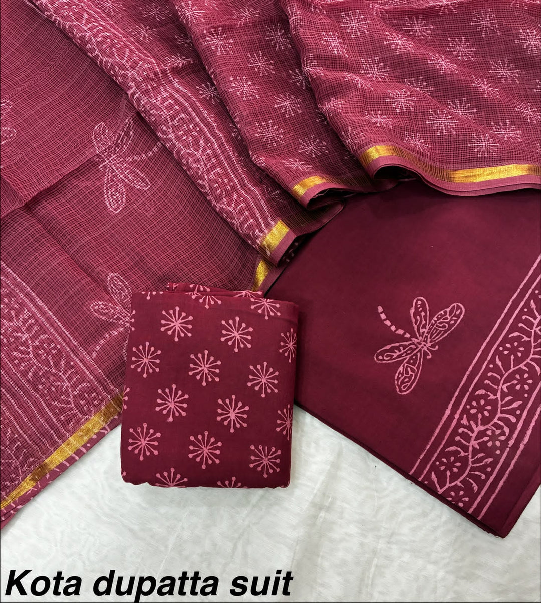 Pure Cotton Hand block print Unstitched Suit with Kota Dupatta .
