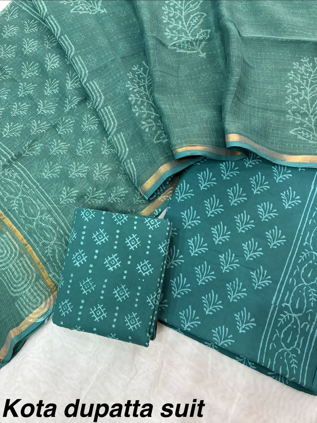 Pure Cotton Hand block print Unstitched Suit with Kota Dupatta .