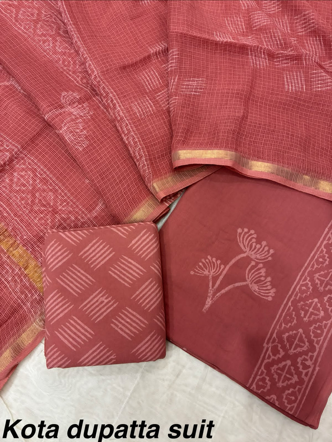 Pure Cotton Hand block print Unstitched Suit with Kota Dupatta .