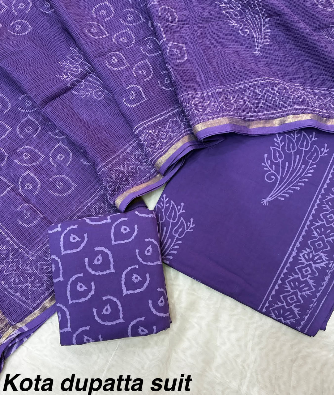 Pure Cotton Hand block print Unstitched Suit with Kota Dupatta .