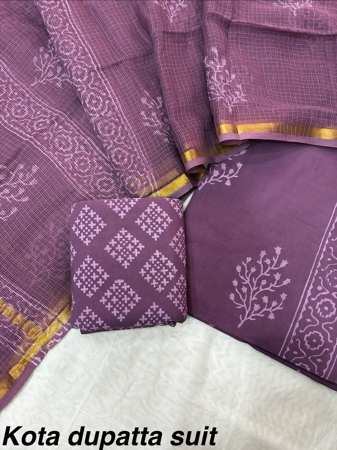Pure Cotton Hand block print Unstitched Suit with Kota Dupatta .