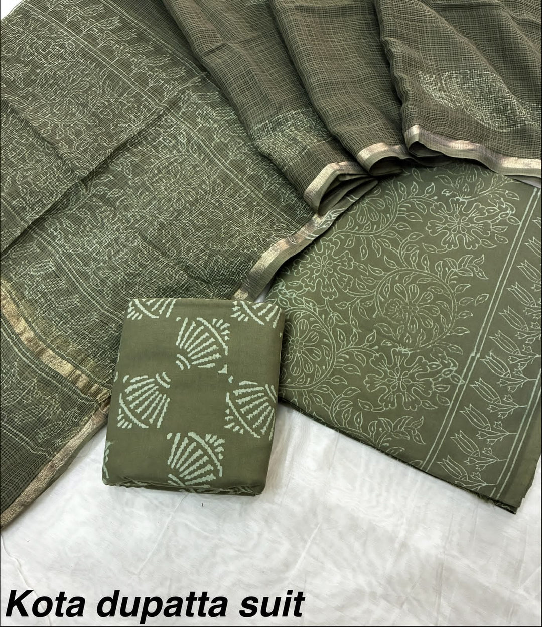 Pure Cotton Hand block print Unstitched Suit with Kota Dupatta .