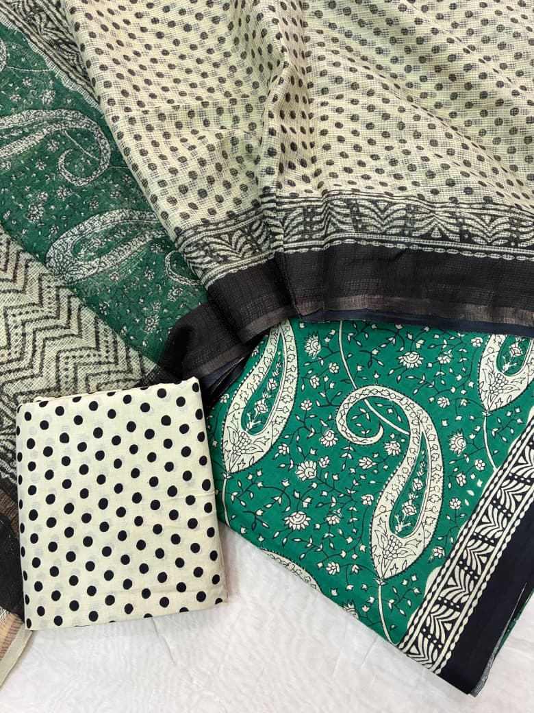 Pure Cotton Hand block print Unstitched Suit with Kota Dupatta .