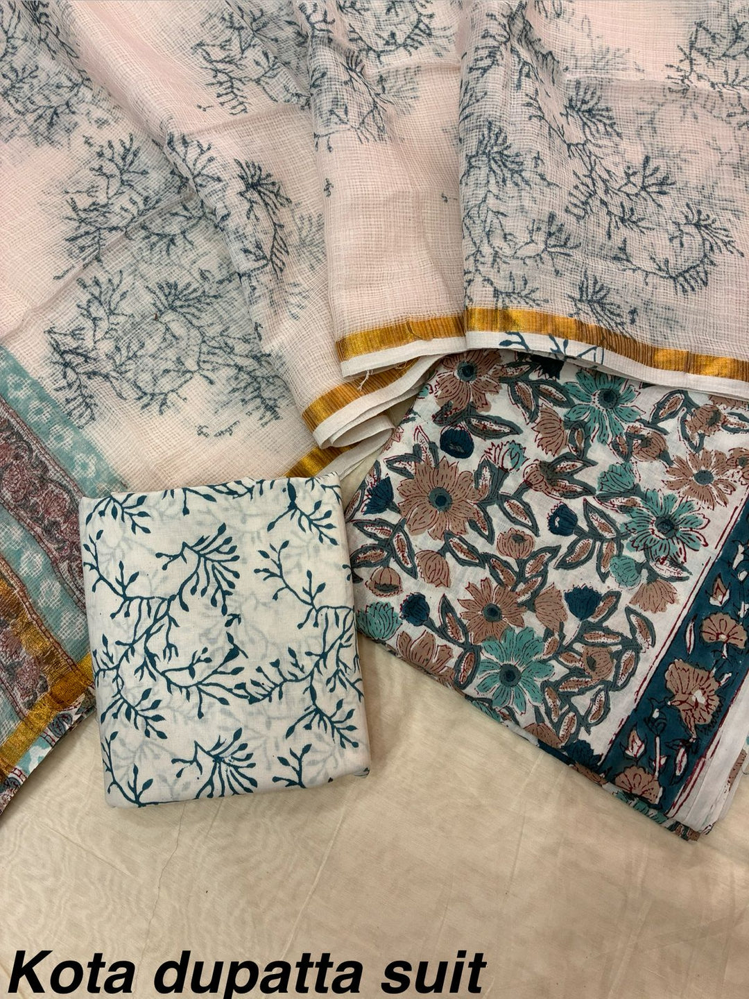 Pure Cotton Hand block print Unstitched Suit with Kota Dupatta .