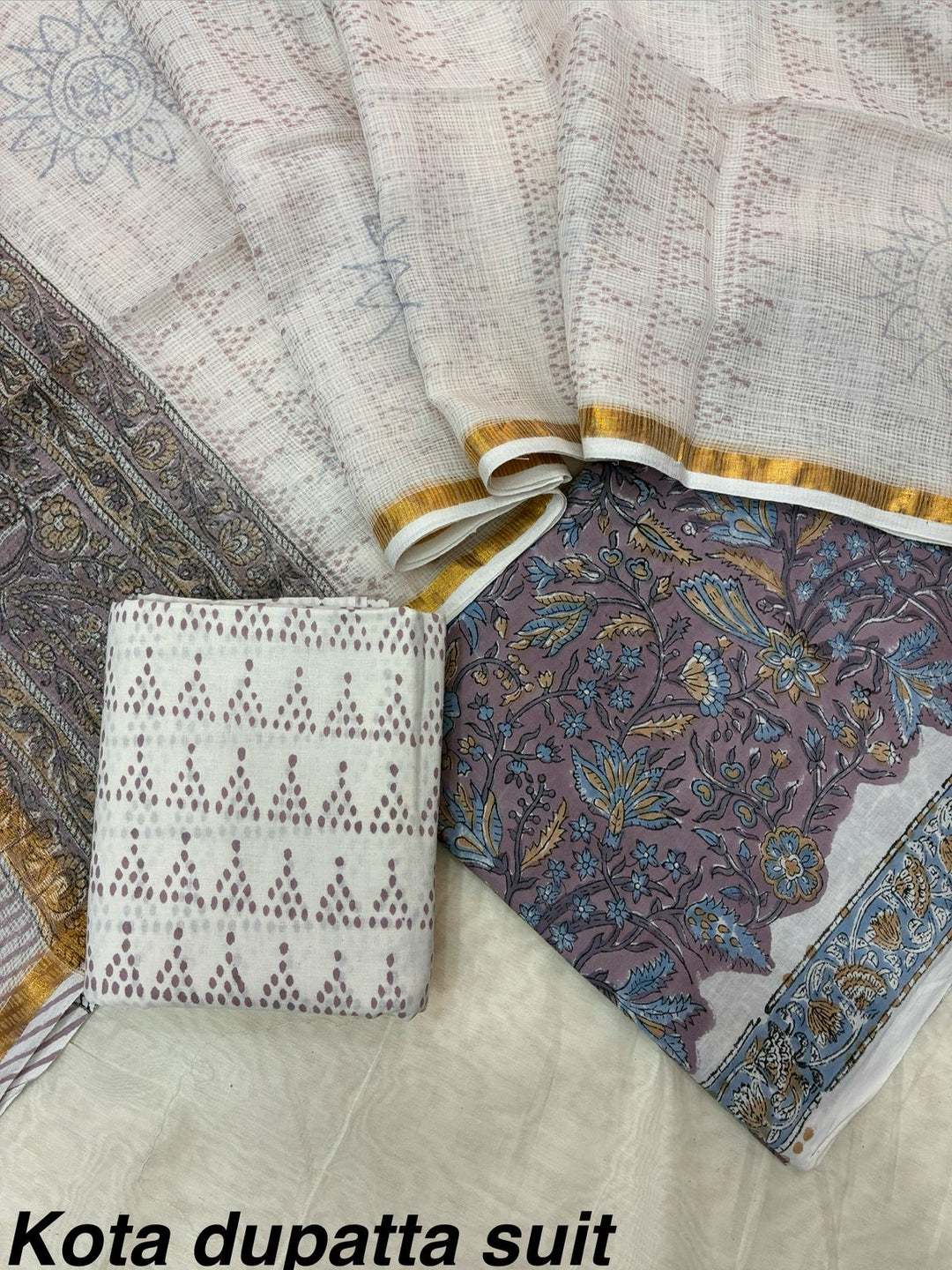 Pure Cotton Hand block print Unstitched Suit with Kota Dupatta .