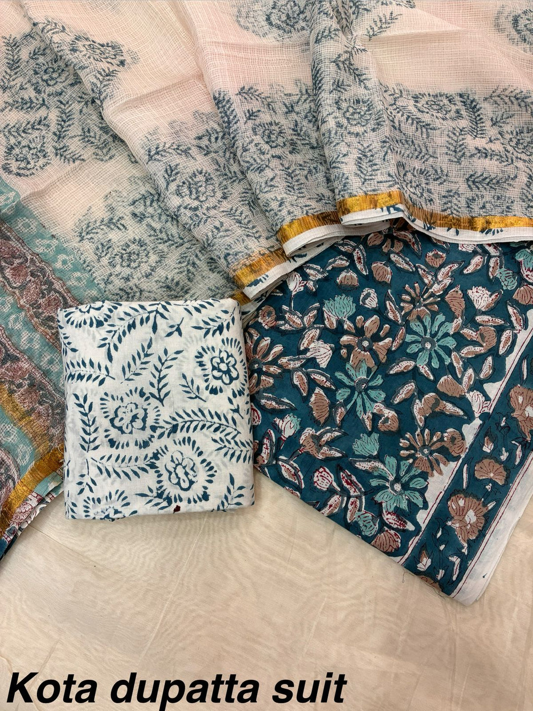 Pure Cotton Hand block print Unstitched Suit with Kota Dupatta .