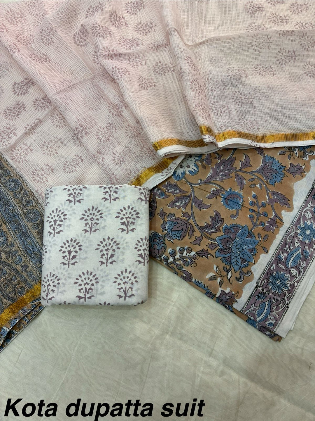 Pure Cotton Hand block print Unstitched Suit with Kota Dupatta .