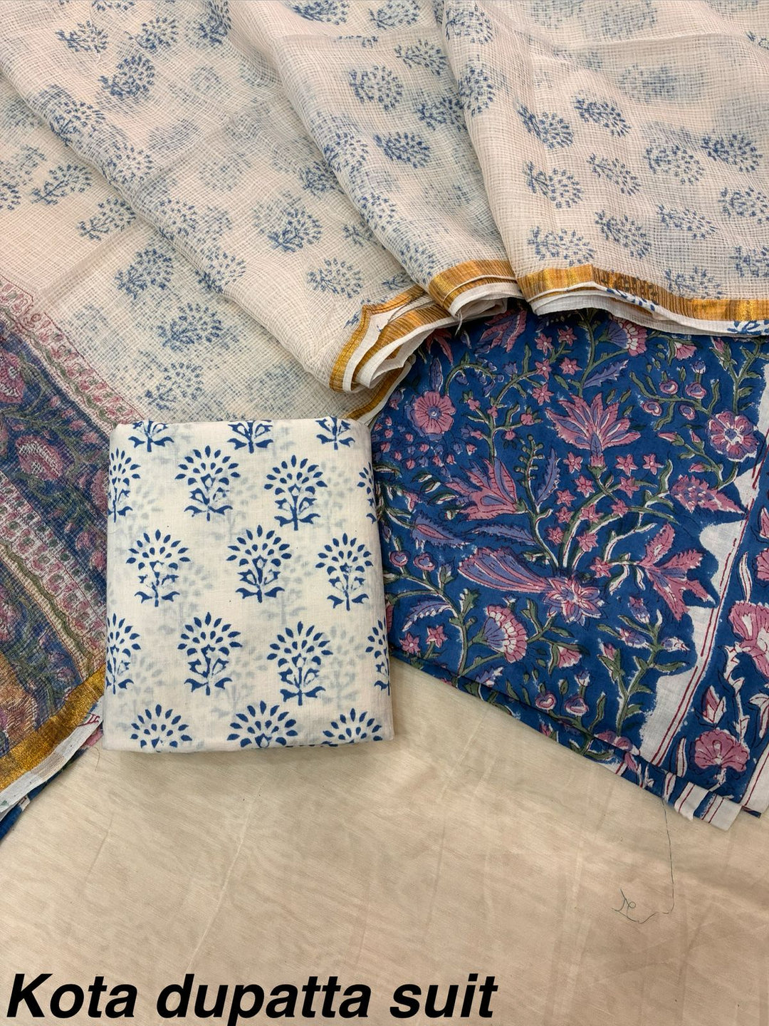 Pure Cotton Hand block print Unstitched Suit with Kota Dupatta .