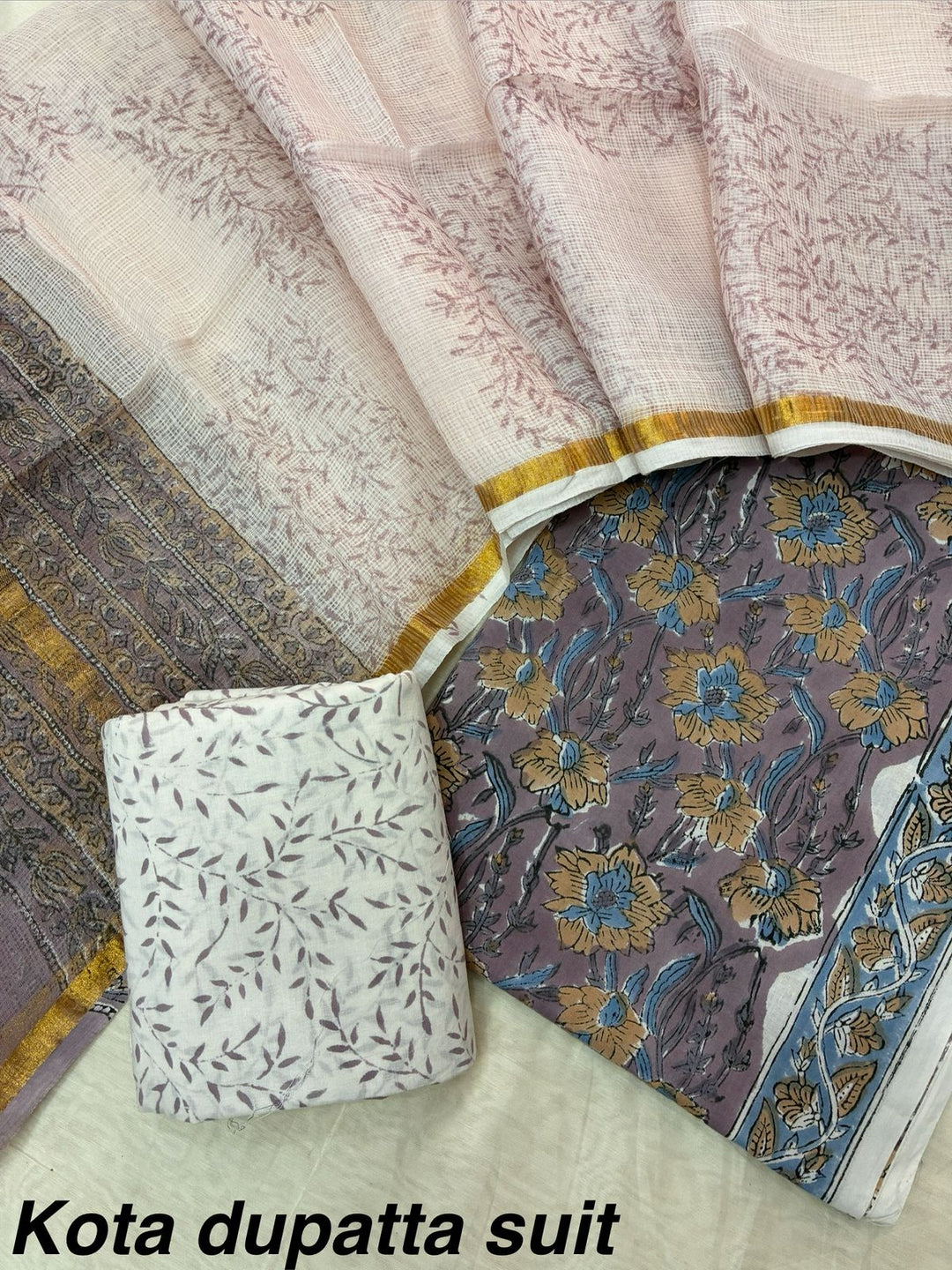 Pure Cotton Hand block print Unstitched Suit with Kota Dupatta .