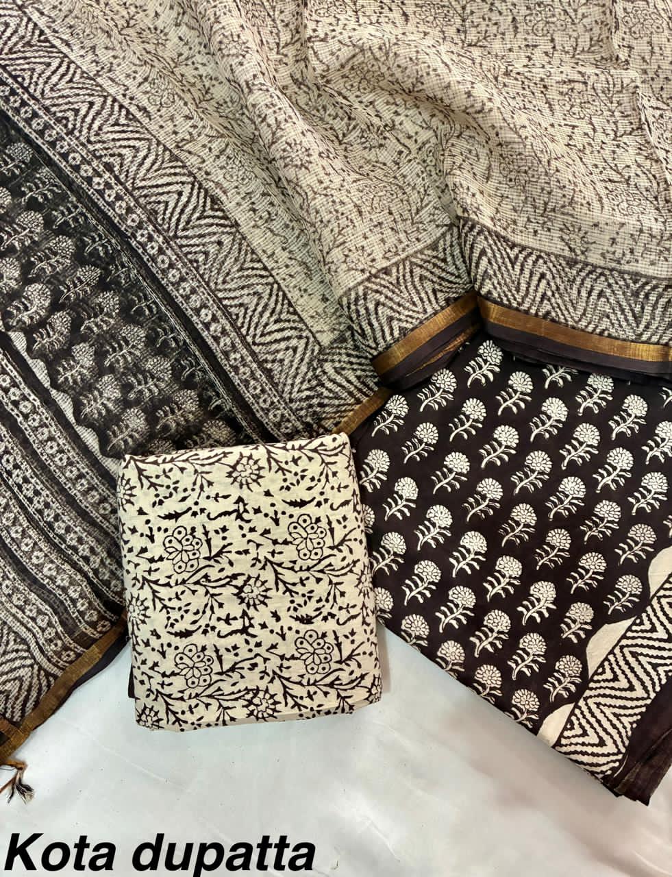 Pure Cotton Hand block print Unstitched Suit with Kota Dupatta .