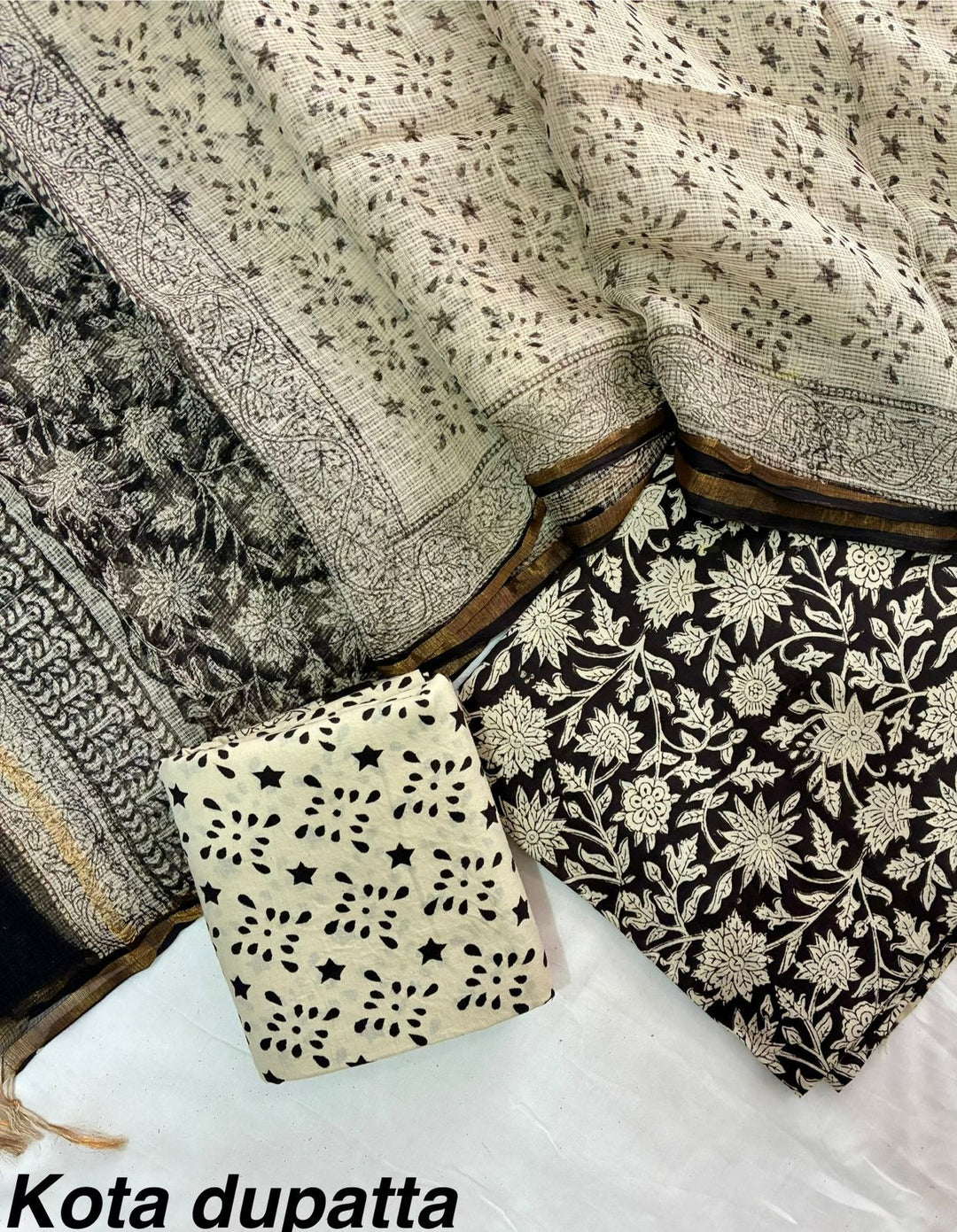 Pure Cotton Hand block print Unstitched Suit with Kota Dupatta .