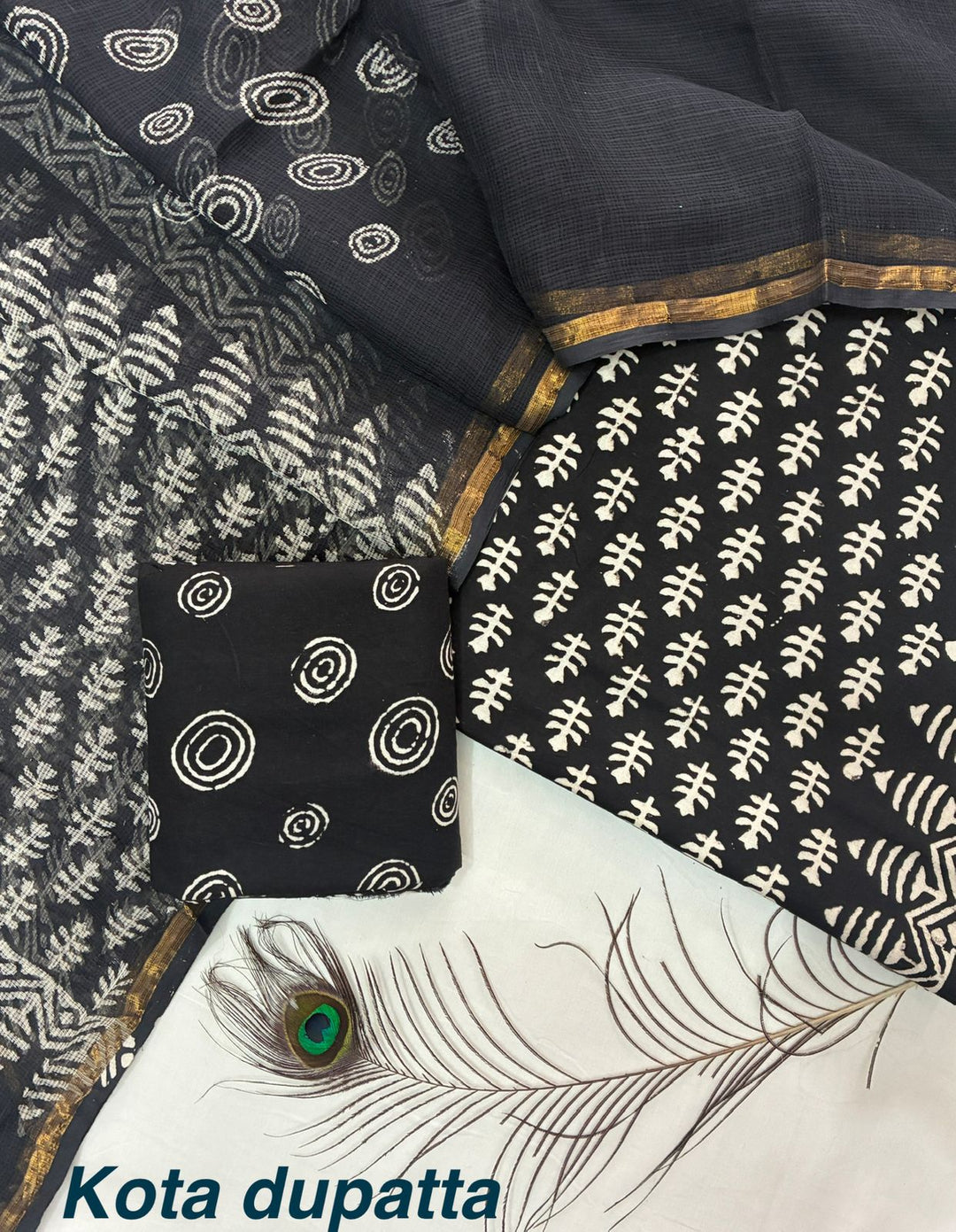 Pure Cotton Hand block print Unstitched Suit with Kota Dupatta .