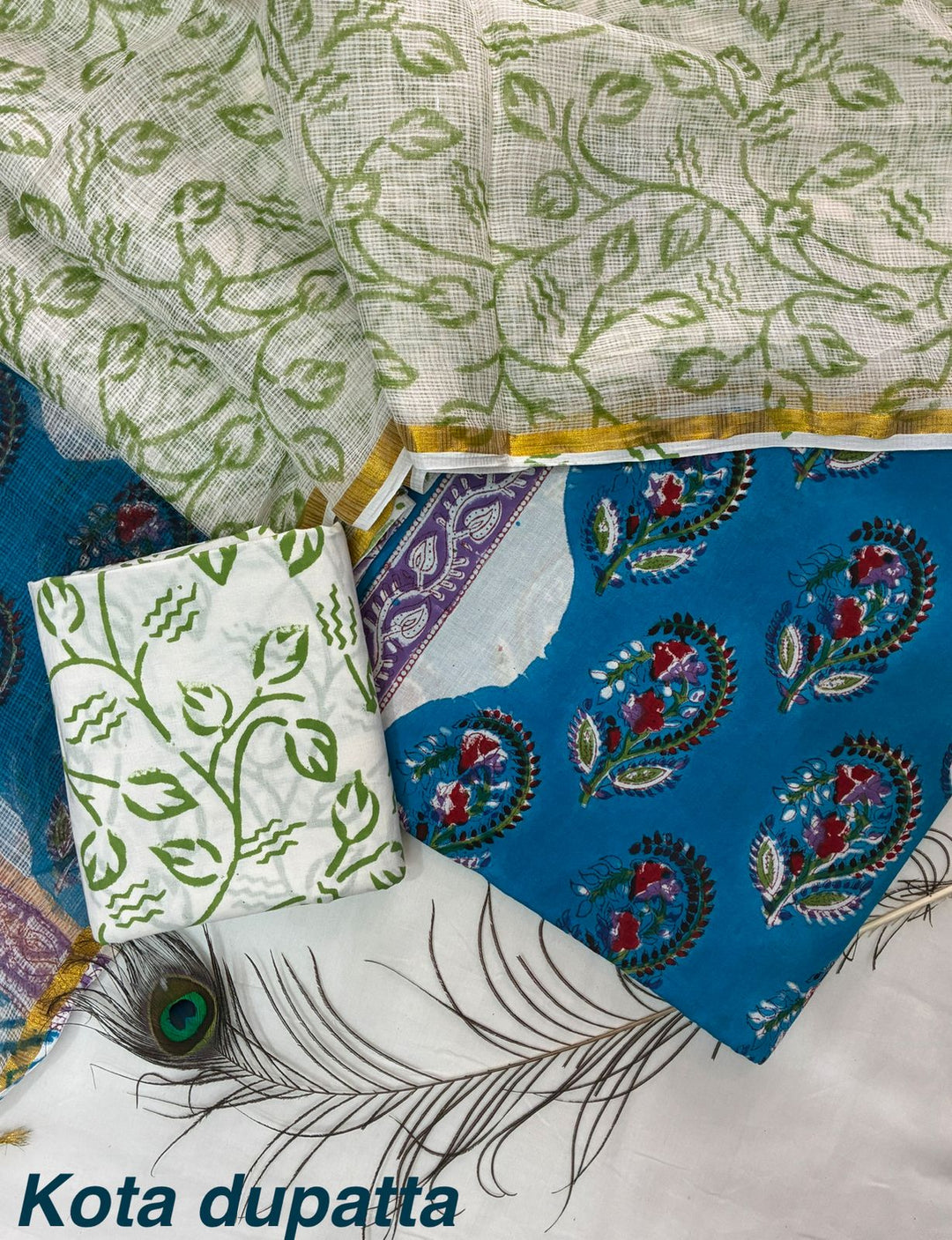 Pure Cotton Hand block print Unstitched Suit with Kota Dupatta .