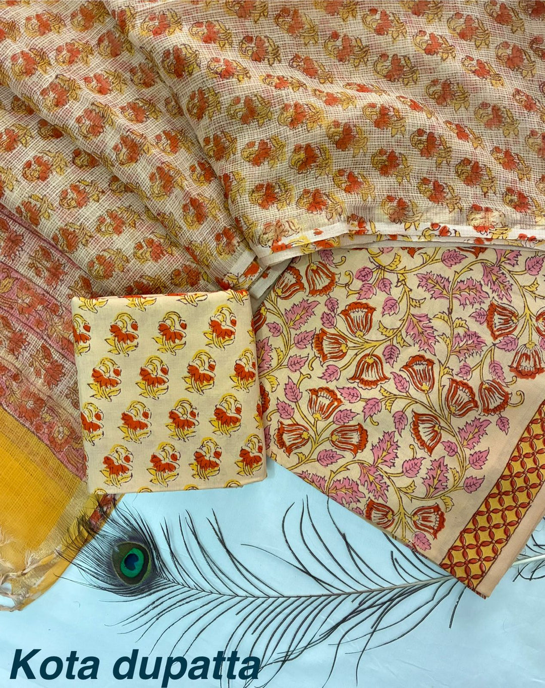 Pure Cotton Hand block print Unstitched Suit with Kota Dupatta .
