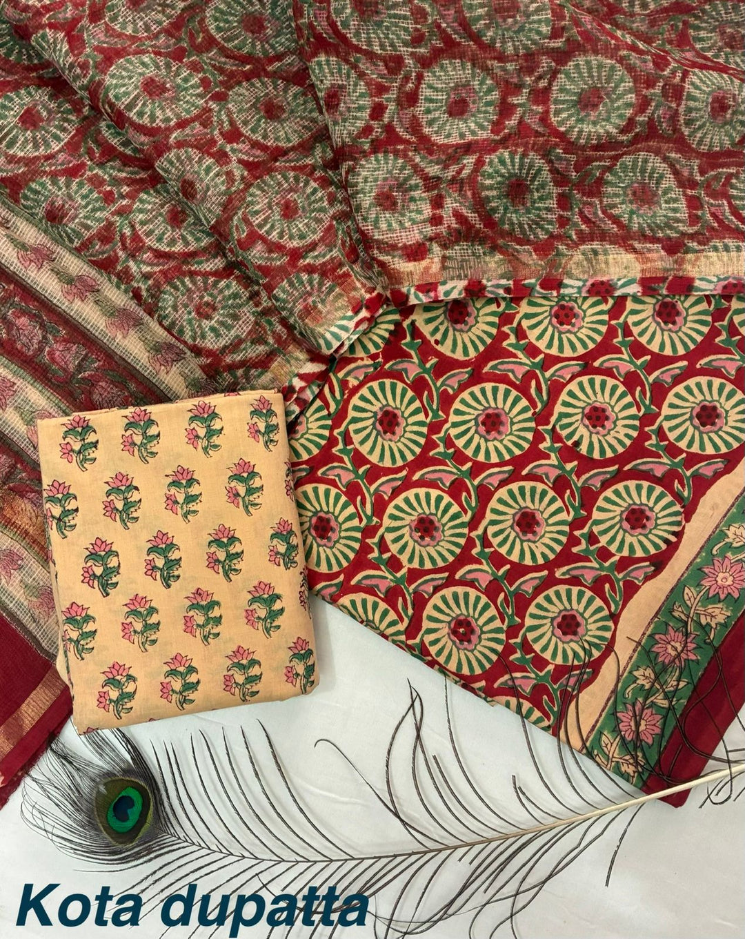 Pure Cotton Hand block print Unstitched Suit with Kota Dupatta .