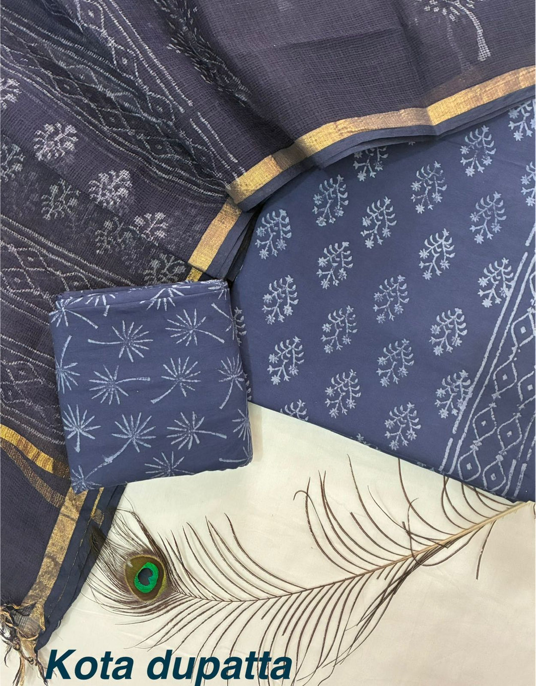 Pure Cotton Hand block print Unstitched Suit with Kota Dupatta .