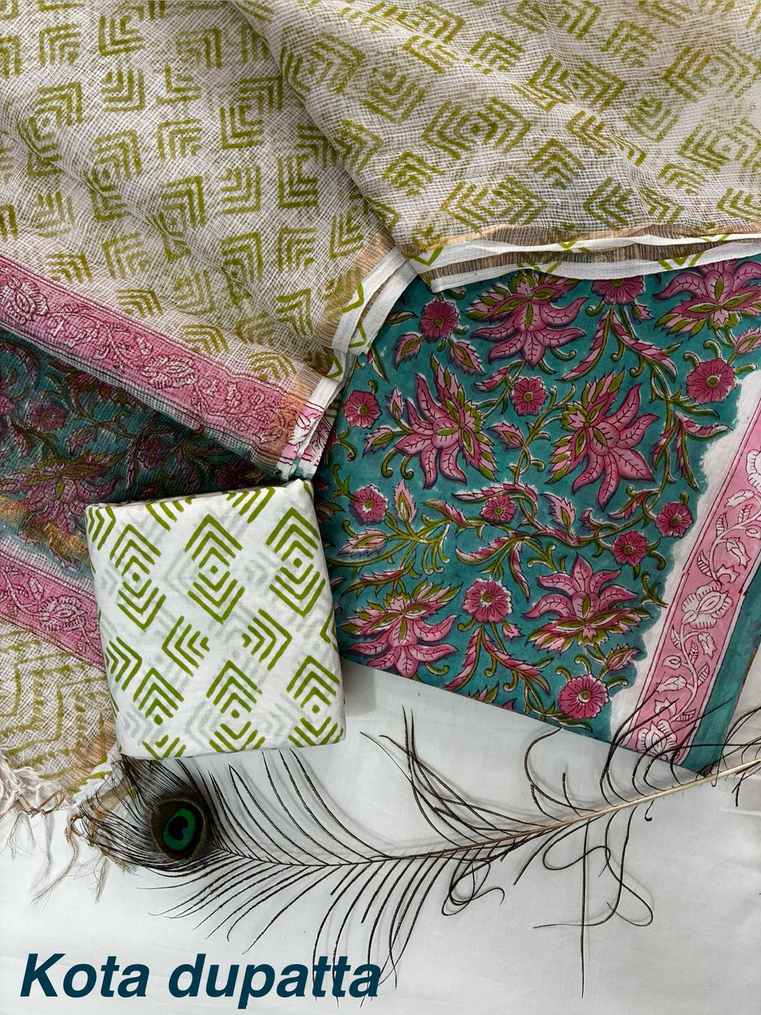 Pure Cotton Hand block print Unstitched Suit with Kota Dupatta .