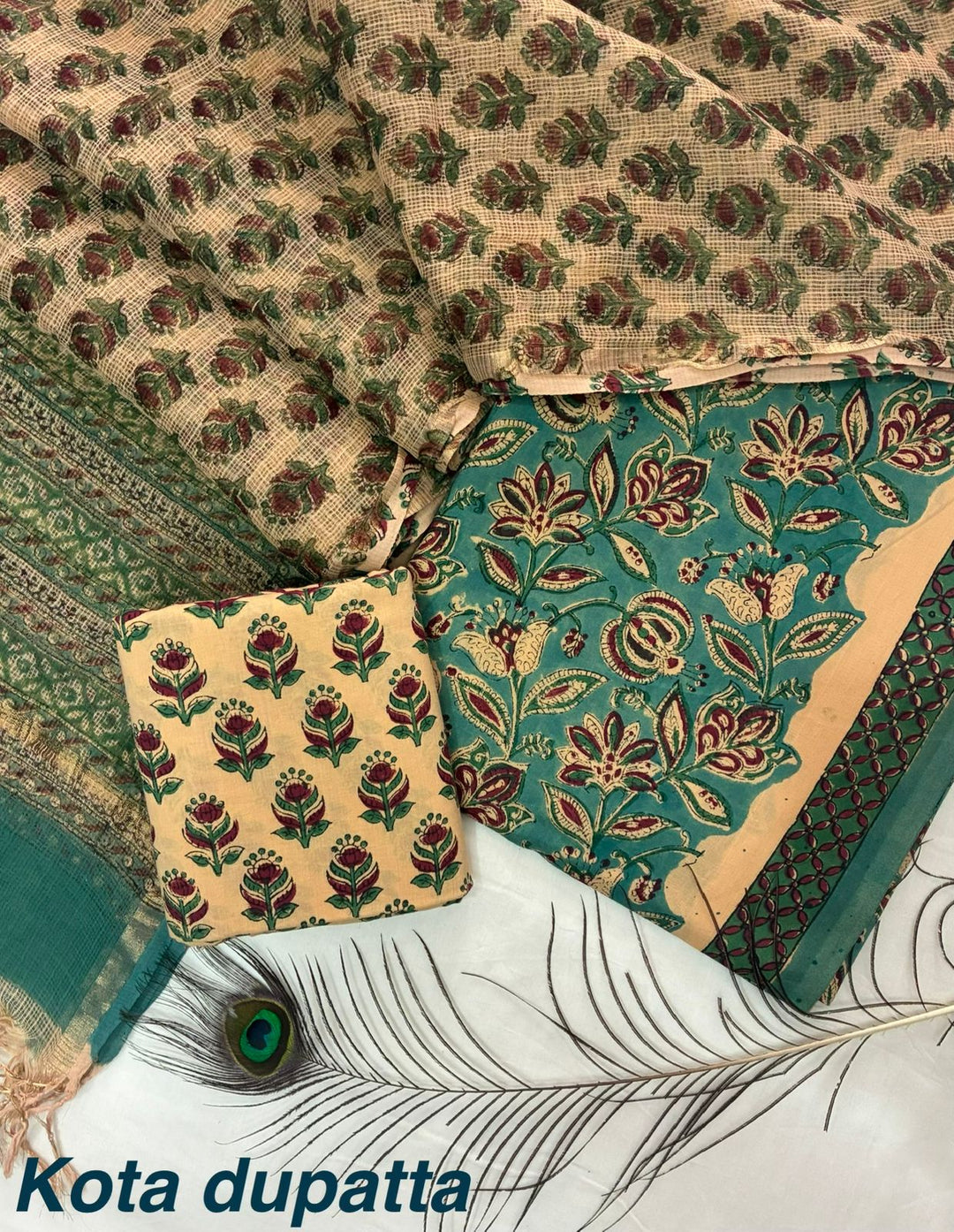 Pure Cotton Hand block print Unstitched Suit with Kota Dupatta .