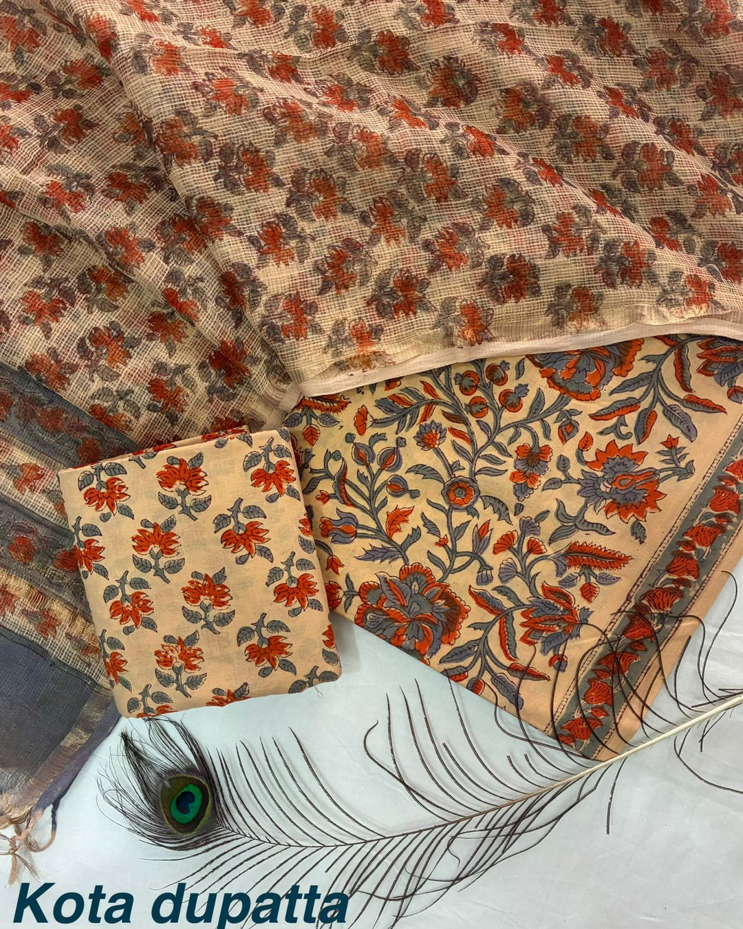 Pure Cotton Hand block print Unstitched Suit with Kota Dupatta .