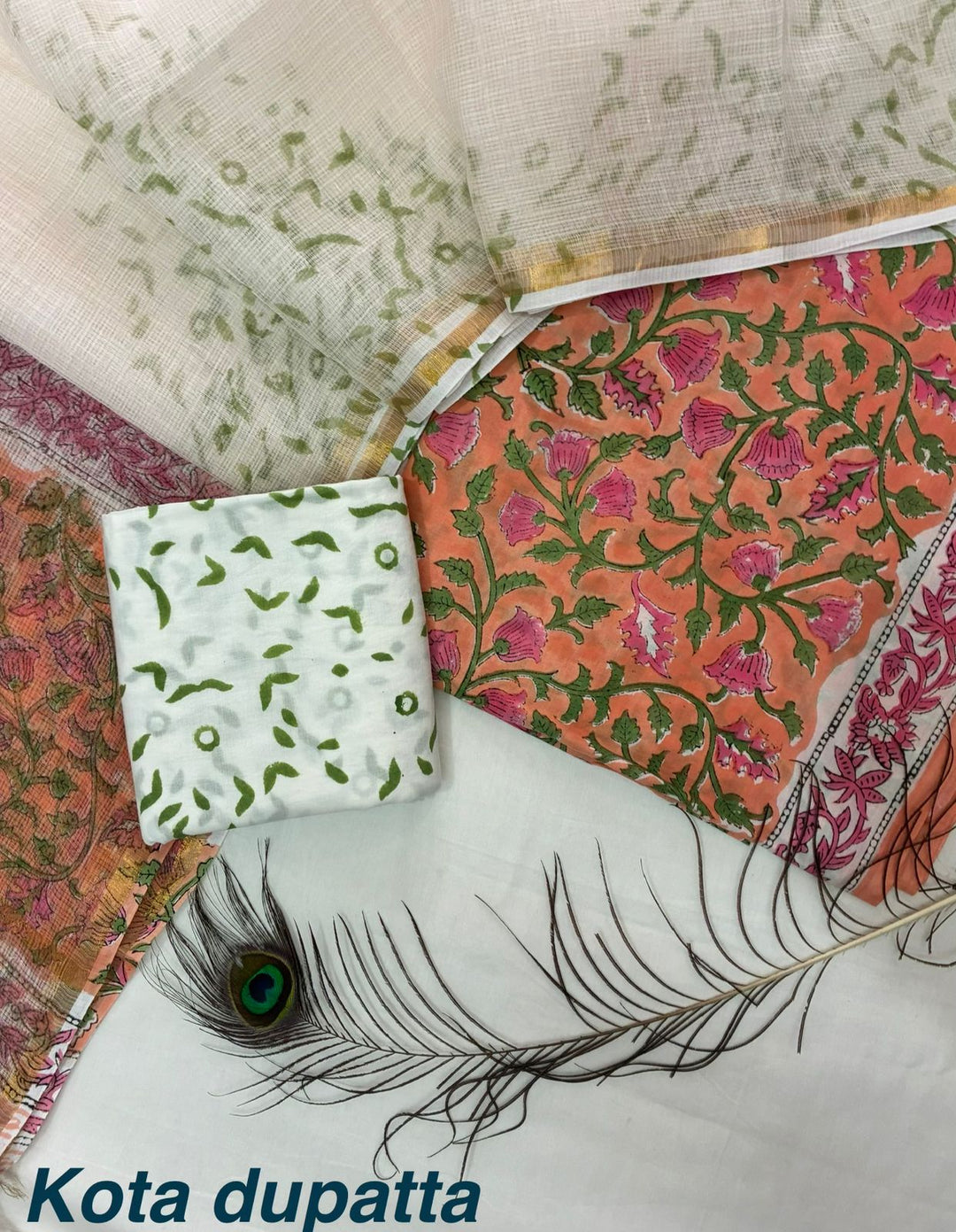Pure Cotton Hand block print Unstitched Suit with Kota Dupatta .