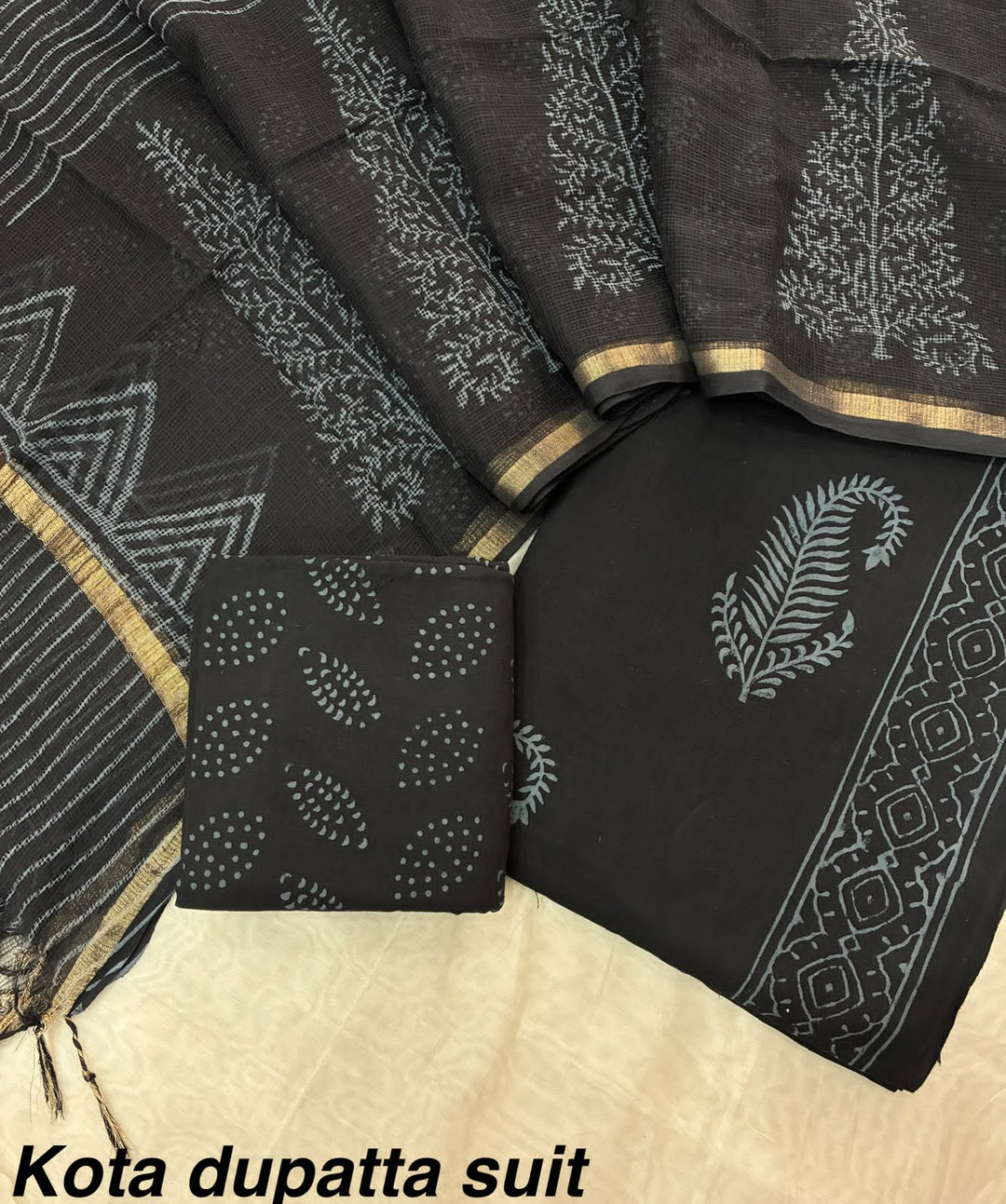 Pure Cotton Hand block print Unstitched Suit with Kota Dupatta .
