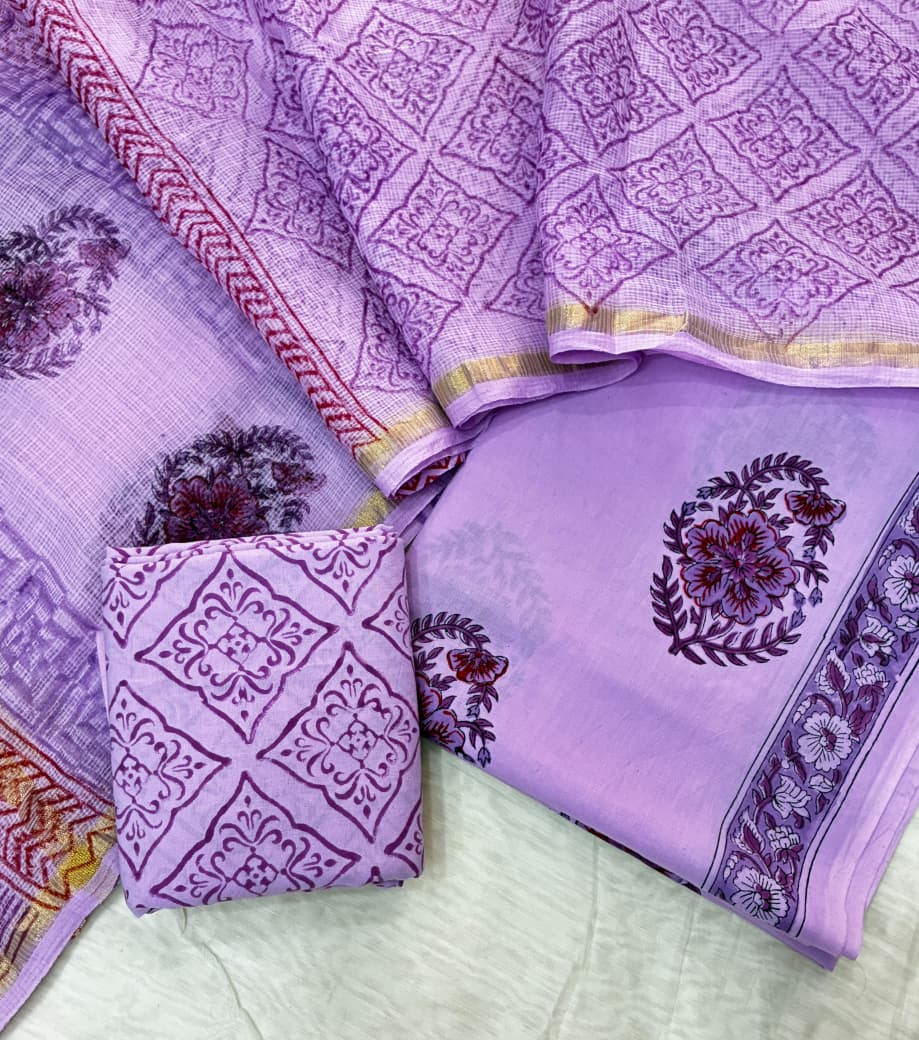 Pure Cotton Hand block print Unstitched Suit with Kota Dupatta .