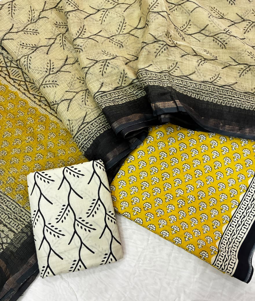 Pure Cotton Hand block print Unstitched Suit with Kota Dupatta .