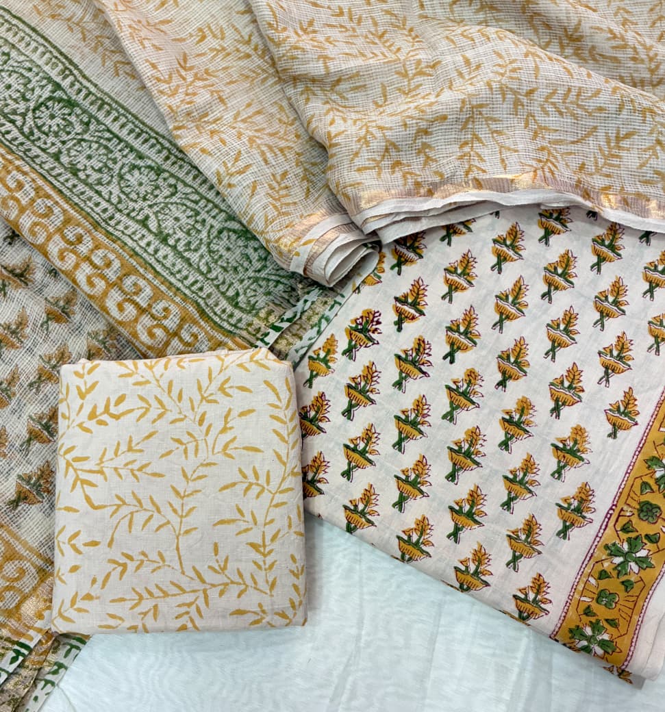 Pure Cotton Hand block print Unstitched Suit with Kota Dupatta .