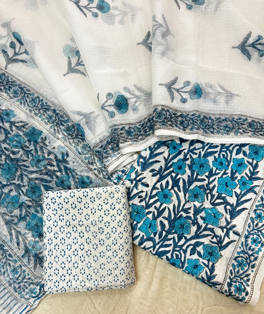 Pure Cotton Hand block print Unstitched Suit with Kota Dupatta .
