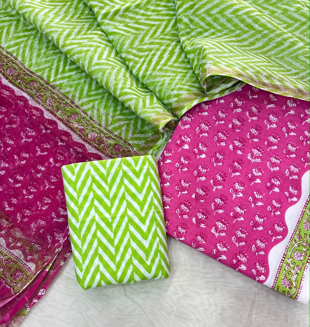 Pure Cotton Hand block print Unstitched Suit with Kota Dupatta .