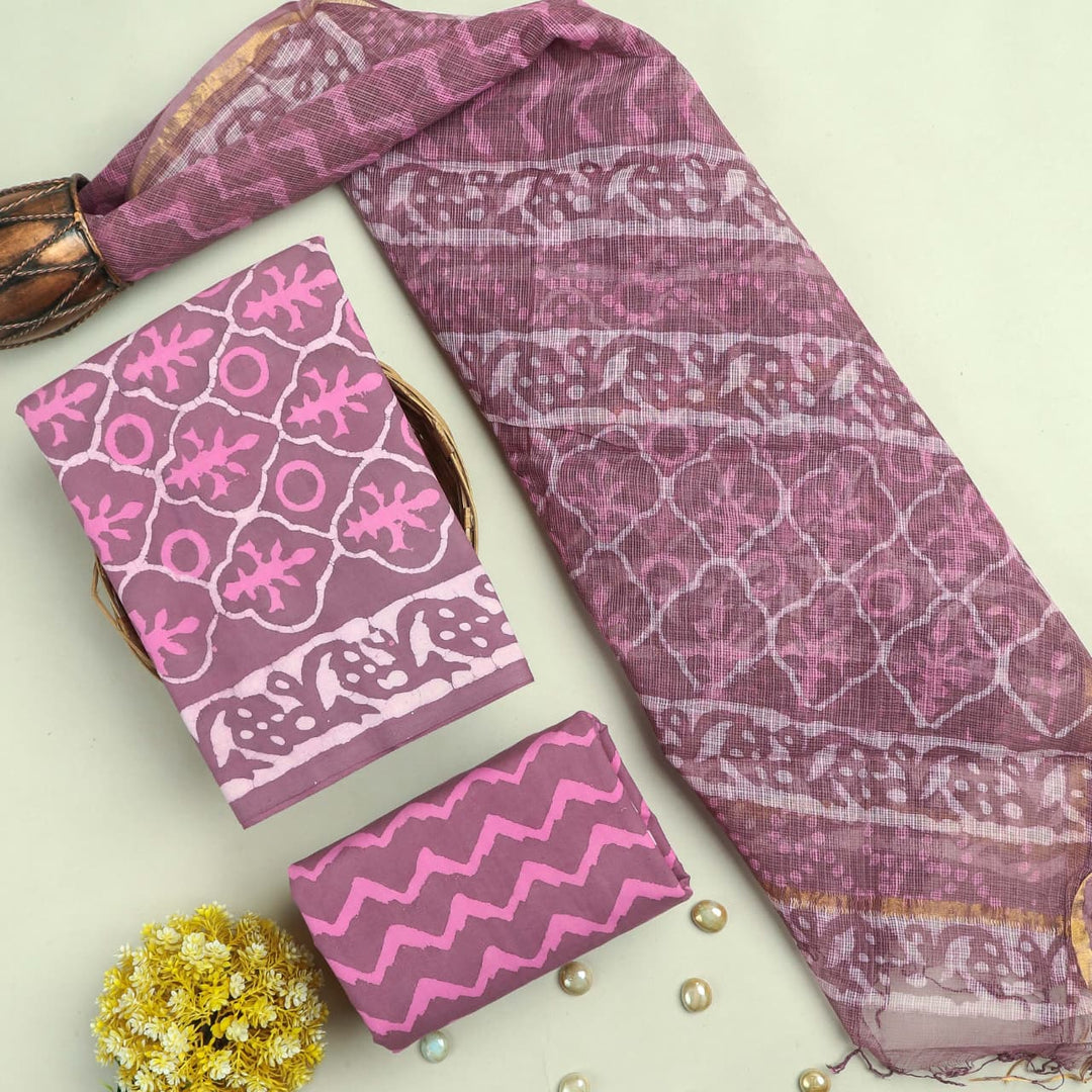 Pure Cotton Hand block print Unstitched Suit with Kota Dupatta .