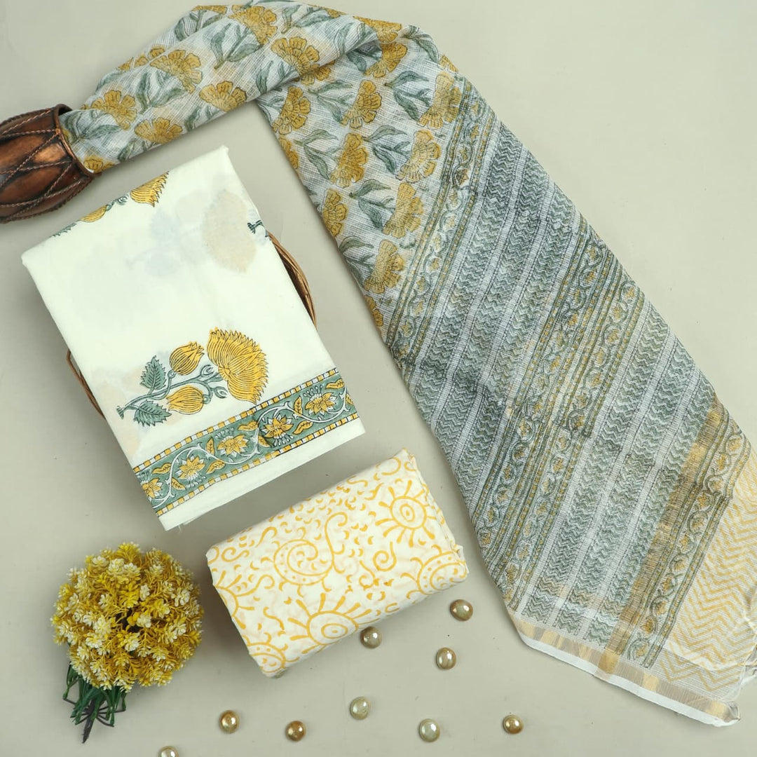 Pure Cotton Hand block print Unstitched Suit with Kota Dupatta .