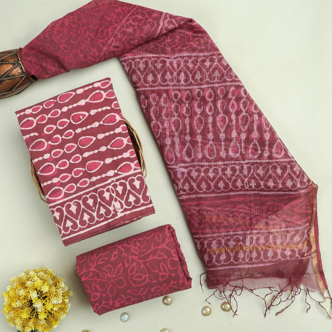 Pure Cotton Hand block print Unstitched Suit with Kota Dupatta .