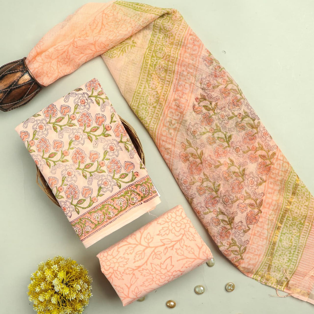 Pure Cotton Hand block print Unstitched Suit with Kota Dupatta .