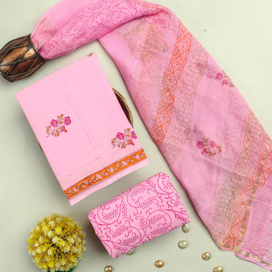 Pure Cotton Hand block print Unstitched Suit with Kota Dupatta .