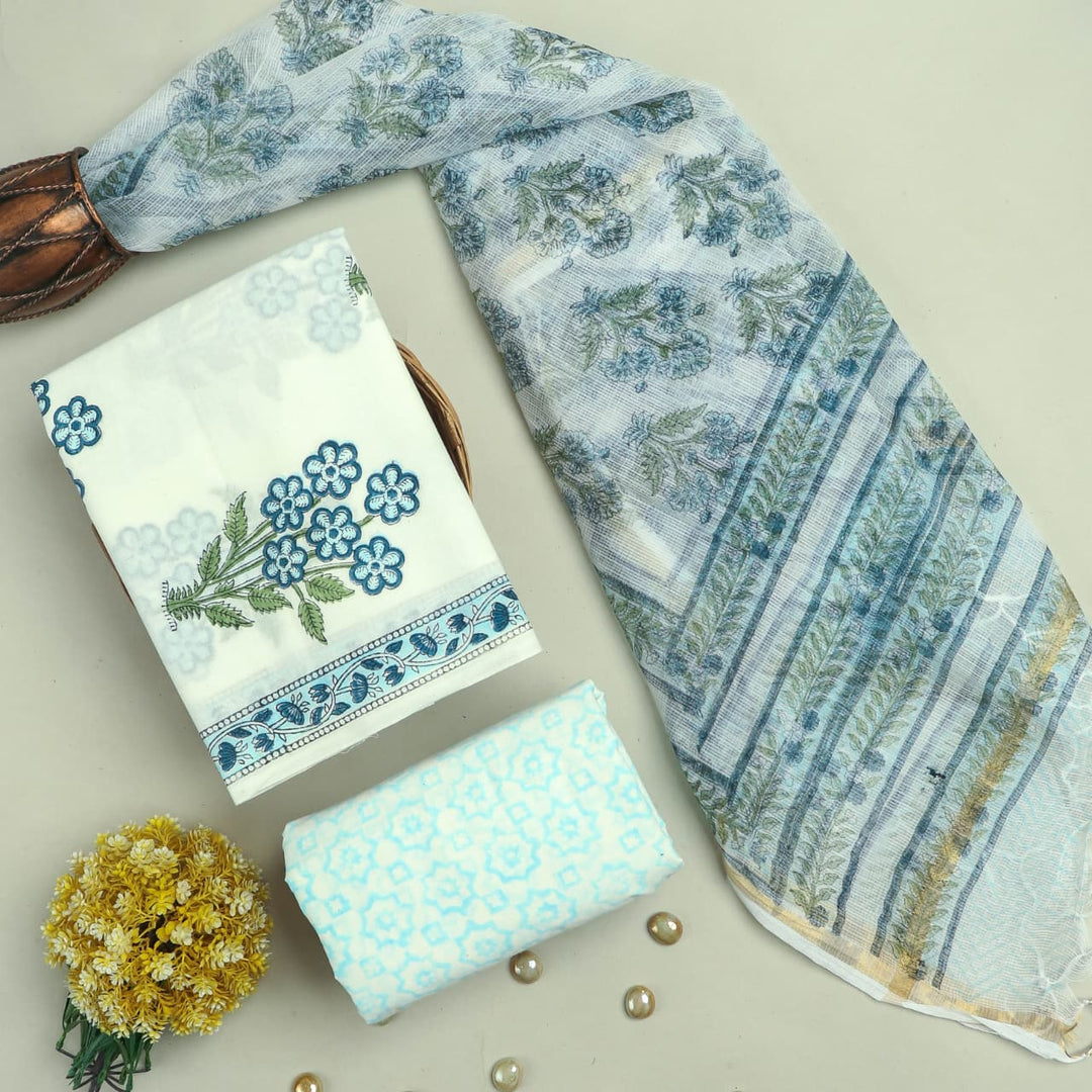 Pure Cotton Hand block print Unstitched Suit with Kota Dupatta .