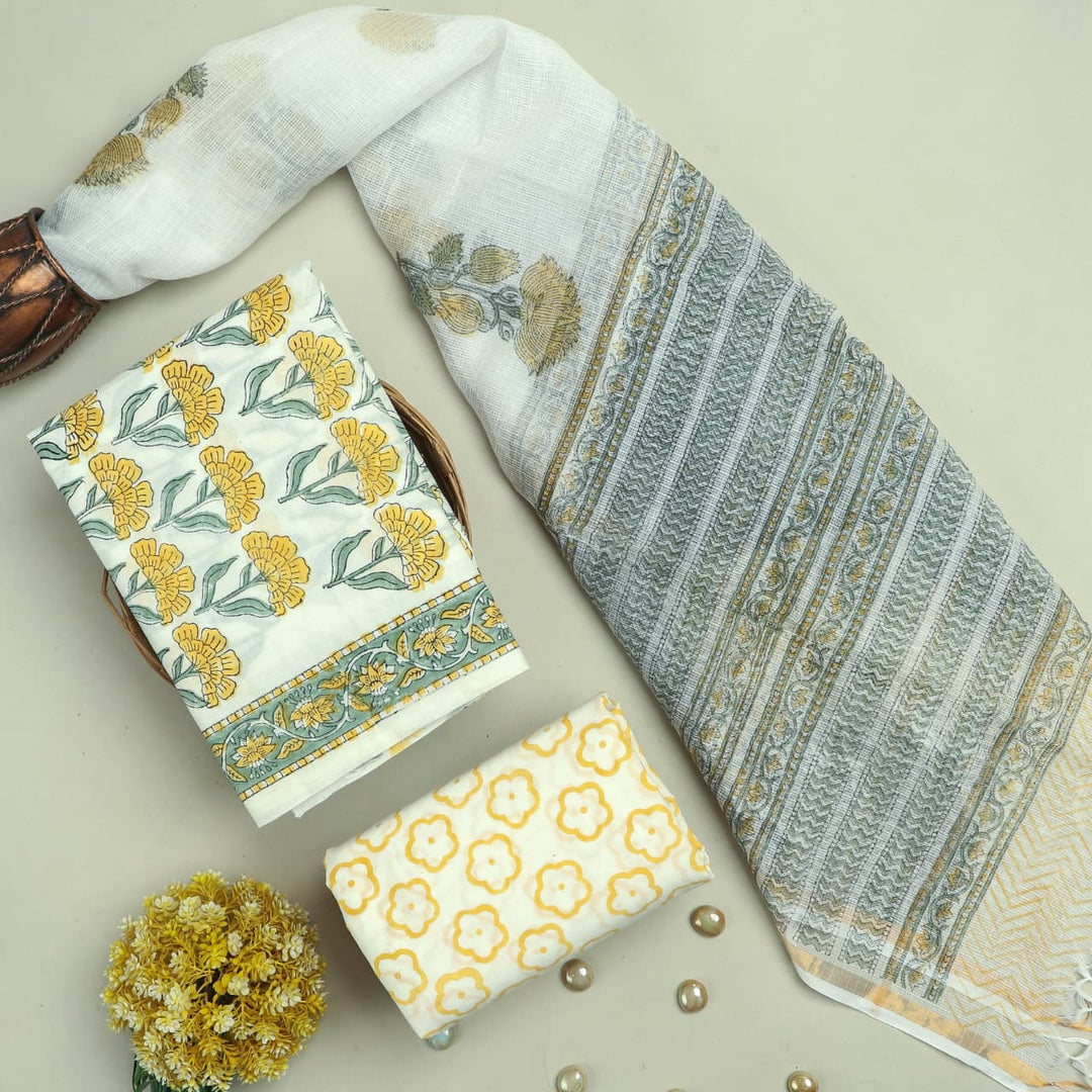 Pure Cotton Hand block print Unstitched Suit with Kota Dupatta .