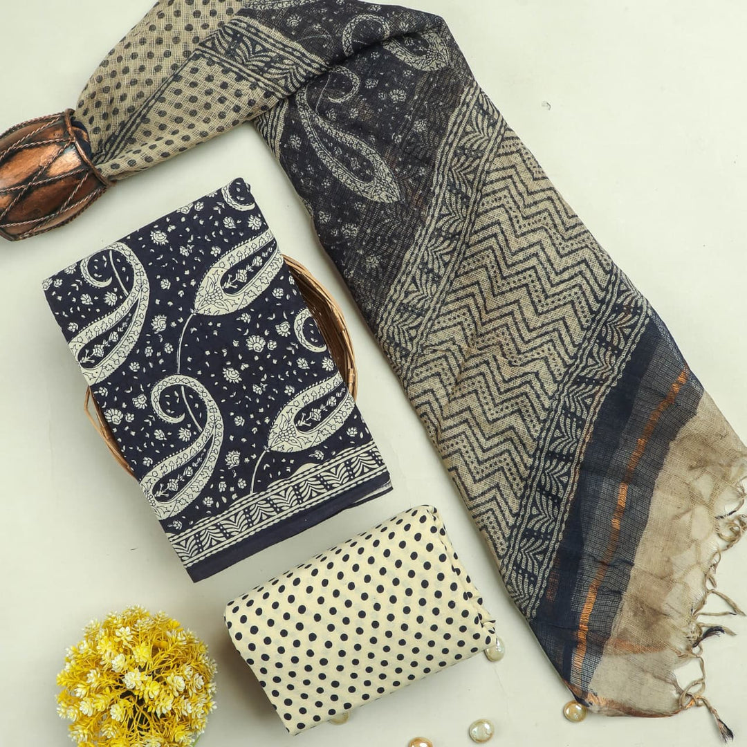 Pure Cotton Hand block print Unstitched Suit with Kota Dupatta .
