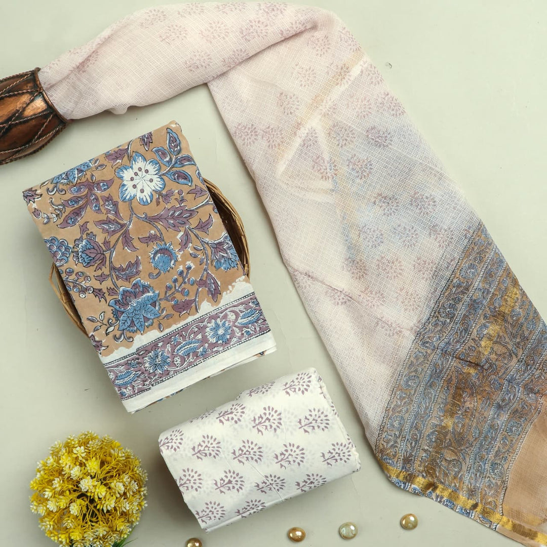 Pure Cotton Hand block print Unstitched Suit with Kota Dupatta .