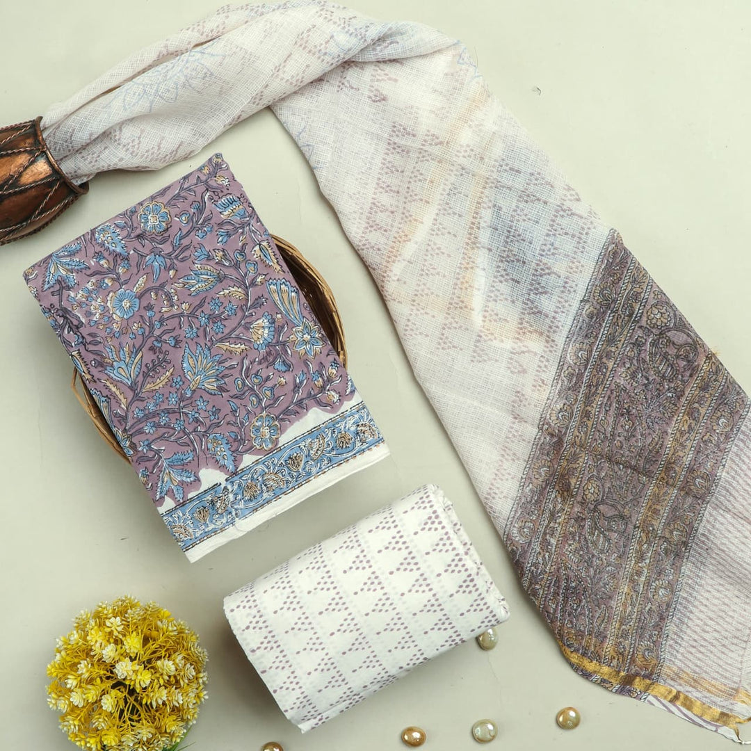 Pure Cotton Hand block print Unstitched Suit with Kota Dupatta .