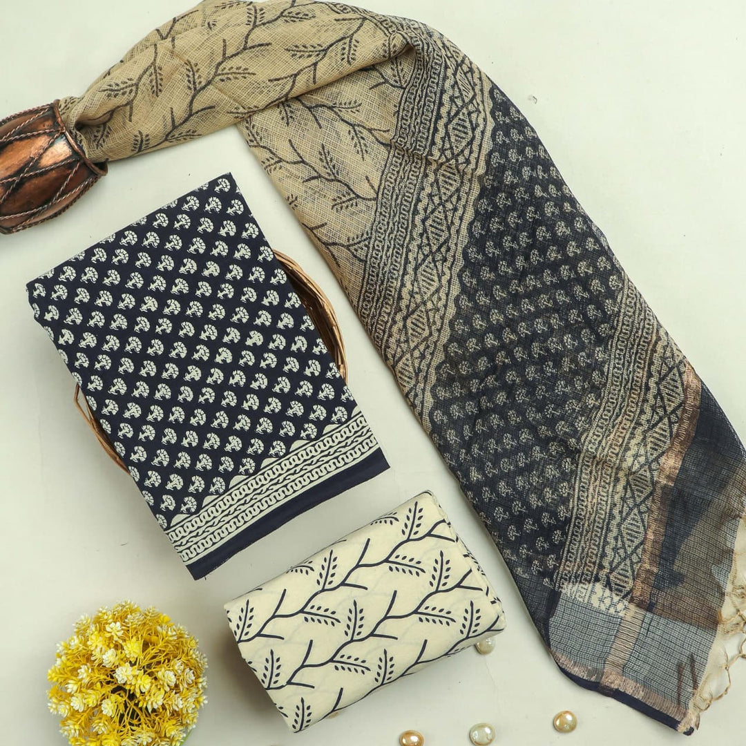 Pure Cotton Hand block print Unstitched Suit with Kota Dupatta .