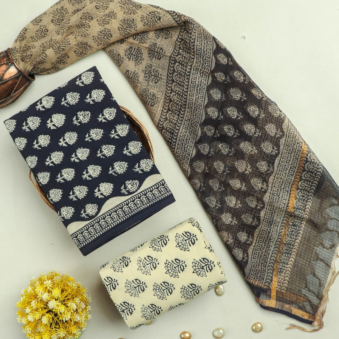 Pure Cotton Hand block print Unstitched Suit with Kota Dupatta .