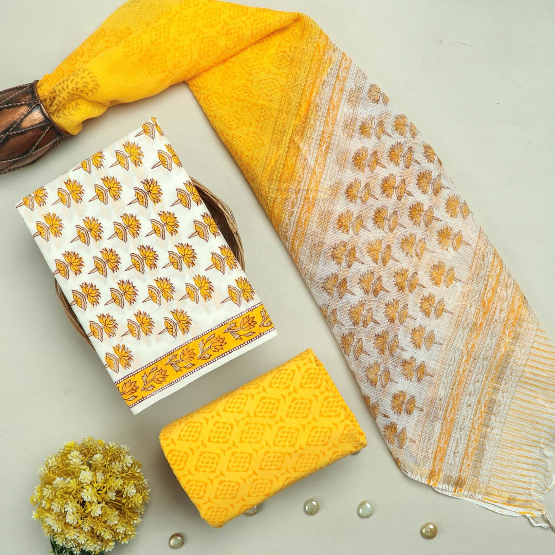 Pure Cotton Hand block print Unstitched Suit with Kota Dupatta .