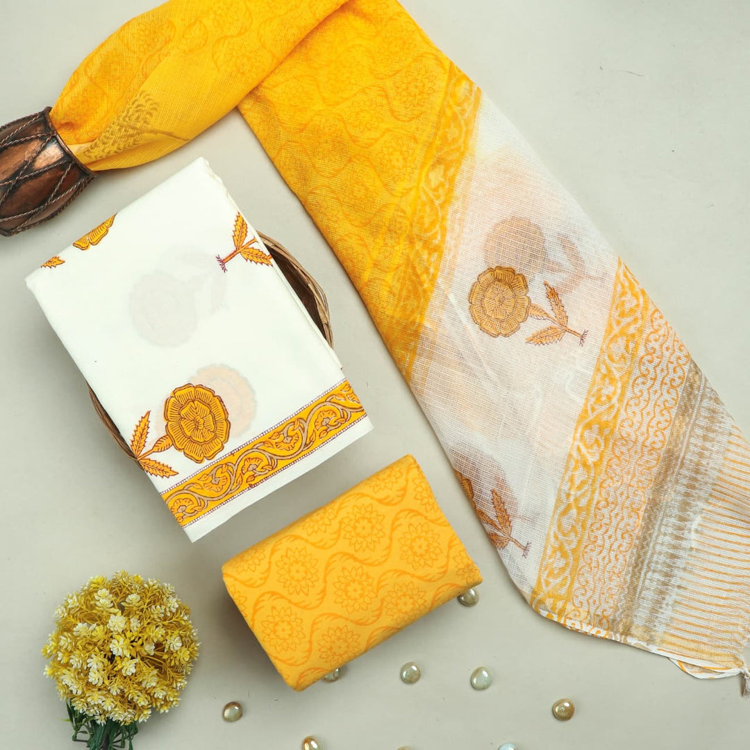 Pure Cotton Hand block print Unstitched Suit with Kota Dupatta .