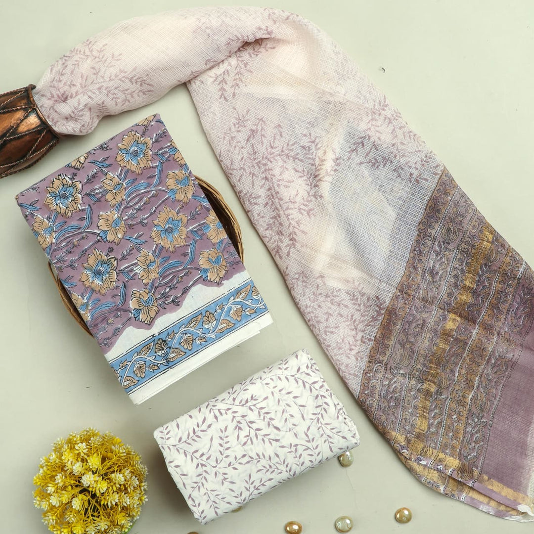 Pure Cotton Hand block print Unstitched Suit with Kota Dupatta .